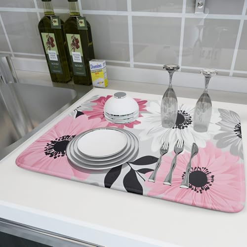 Blossom Florals Dish Drying Mat Abstract Daisy Flower Drainer Pad Absorbent Dish Rack Mats for Coffee Bar 18 X 24 Inch (Watercolor Daisy 1021 / 24" x 18")