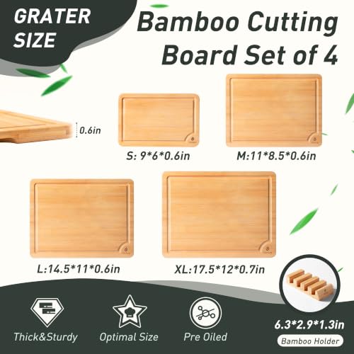 Bamboo Cutting Board Set Non Slip Feet with Holder Over Sink Adult Women Her Sister Aunt Wife Hustband Lady Bestie Soul Happy Christmas Xmas Birthday Gifts Cool Unique Aesthetic 30 40 60 70 Year Old (4 Pack with Holder / Natural)