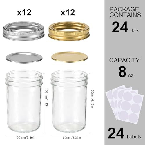Mason Jars 8 oz 24 Pack Canning jars 8oz with Regular Lids and Bands (Clear 8 oz-24 Pack)
