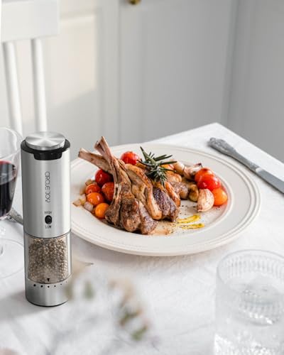 Rechargeable Salt and Pepper Grinder Set Stainless Steel Electric Pepper Grinders with Variable Grinding Speed (2-Speed Rechargeable Set with Charging Base)