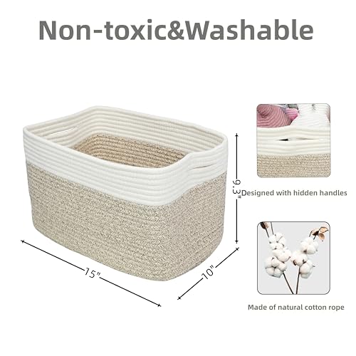 Woven Cotton Rope Storage Baskets 15x10x9.3" 3 Pack White and Brown (white and brown)