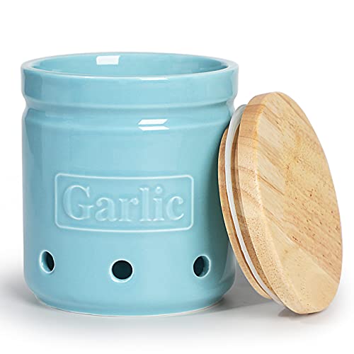 Garlic Keeper with Wooden Lid (Turquoise)