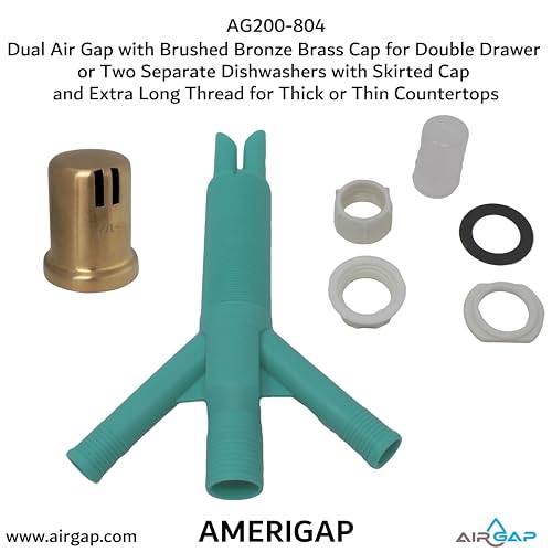 Dual Air Gap with Brushed Bronze Brass Cap for Double Drawer or Two Separate Dishwashers with Skirted Cap and Extra Long Thread for Thick or Thin Countertops (AG200-804)