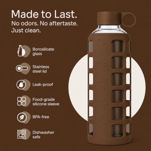 40oz / 32oz / 22oz / 12oz Borosilicate Glass Water Bottle with Time & Volume Markers, Silicone Sleeve, Stainless Steel Lid – Reusable Glass Bottle for Water & Juice (40oz Earth Brown) (Earth Brown (1 Count) / 40 Ounces)