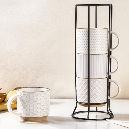 12 OZ Stackable Coffee Mugs Set of 4 (Off-White / 12oz (With Stand))