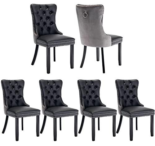 Grey Velvet and Black PU Upholstered Dining Chairs Set of 6 (Black 3)