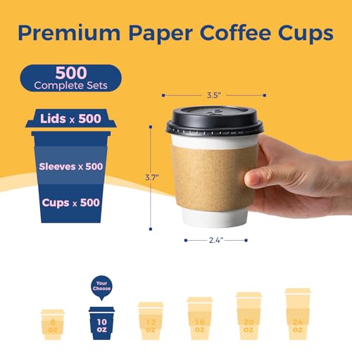 500 Pack 10 oz Disposable Coffee Cups with Lids (10 oz)