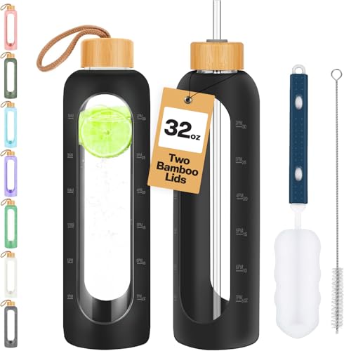 Glass Water Bottles 32 oz (Jet Black-1pack / 32 Ounces)