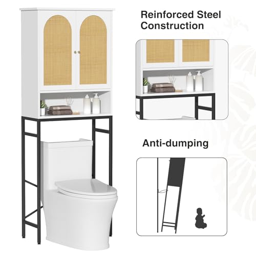 Rattan Over Toilet Storage Cabinet with Metal Stand (White)