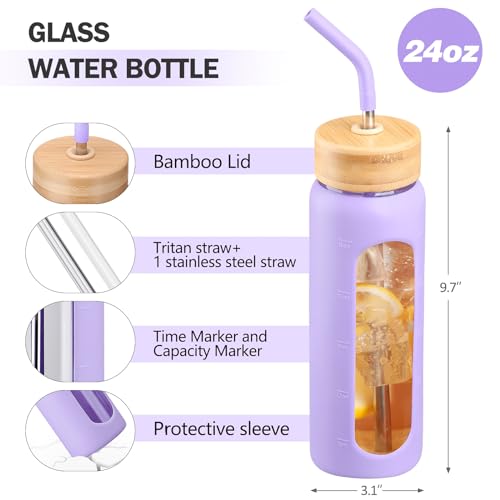 24oz Glass Water Bottle with Straw and 2 Lids (Purple / 24 Ounces)