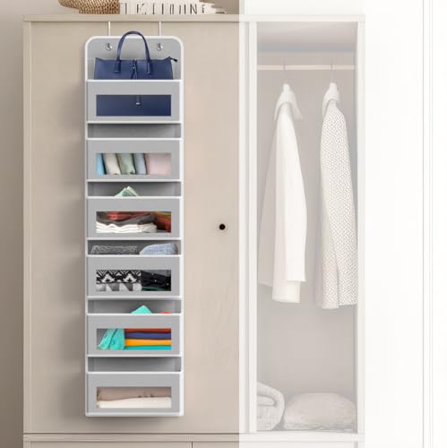 6 Clear Window Pocket Over Door Hanging Organizer (6 Pockets / Gray)
