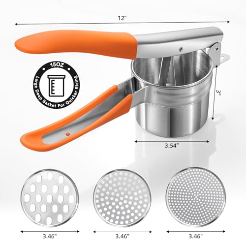 Potato Ricer Sopito Upgraded Stainless Steel Potato Masher with 3 Interchangeable Discs (3 discs-orange)