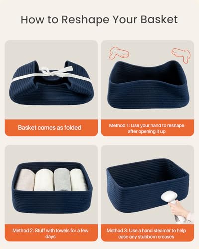 Small Woven Storage Basket for Organizing (Navy Blue / 13.5"L x 9.5"W x 5"H)