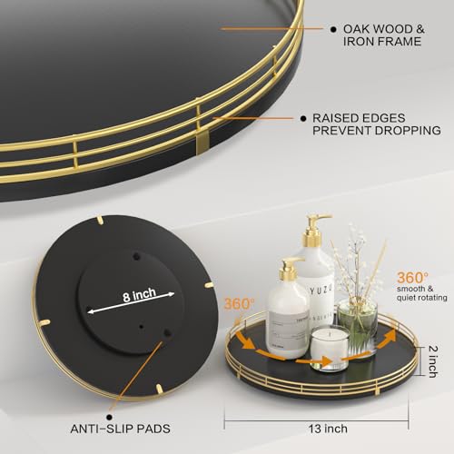 13 Inch Oak Lazy Susan Vanity Tray with Gold Metal Rail (Gold Black / 13)