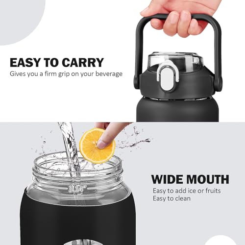 42oz Glass Water Bottles with Straw (Black / 42 Ounces)