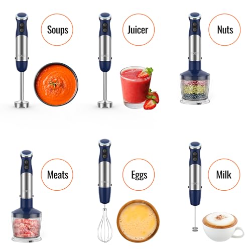 5-in-1 Hand Immersion Blender, 12 Speed Adjustable Emulsifier Handheld Blender, 1000W Copper Motor Stainless Steel Blade Hand Mixer with attachments, Blue (Blue)