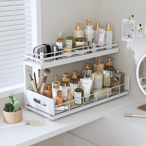 Under Sink Organizer Upgrade To Professional Rails (White / 2 Pack-18.5"Dx12.8"-16.9"H)