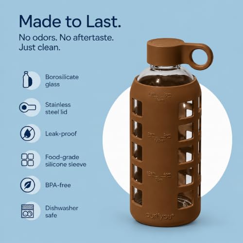 40oz / 32oz / 22oz / 12oz Borosilicate Glass Water Bottle with Time & Volume Markers, Silicone Sleeve, Stainless Steel Lid | Reusable Glass Bottle for Water & Juice (22oz Earth Brown) (Earth Brown / 22 Ounces)