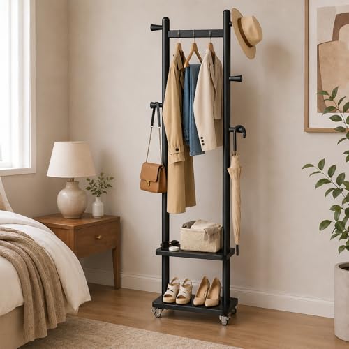 Small Clothes Rack Solid Wood Coat Rack Freestanding with Wheels