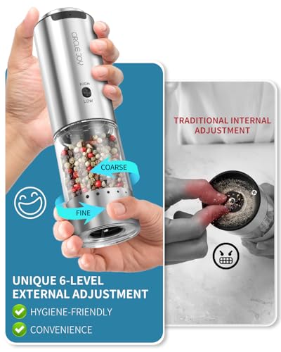 Rechargeable Salt and Pepper Grinder Set Stainless Steel Electric Pepper Grinders with Variable Grinding Speed (2-Speed Rechargeable Set with Charging Base)