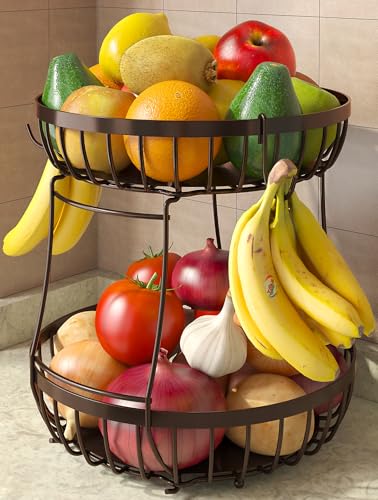 2 Tier Fruit Bowl for Kitchen Counter (Brown / 2 Tier Extra Large)