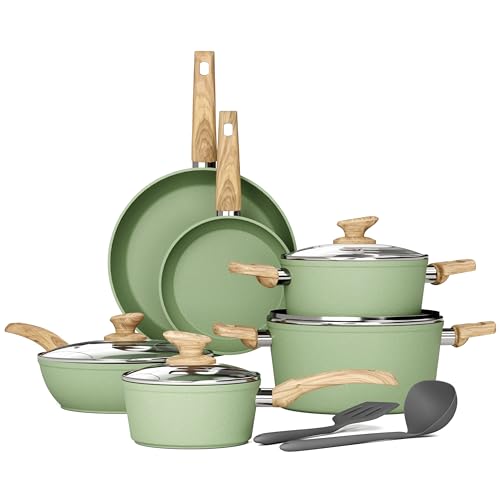 12 Piece Pots and Pans Set (Green / 12 Pcs Cookware Set)