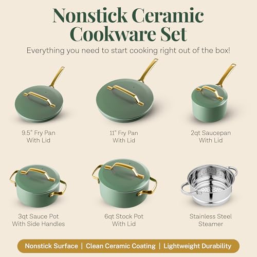 Modern 11 Pc Ceramic Cookware Set (Sage Green)