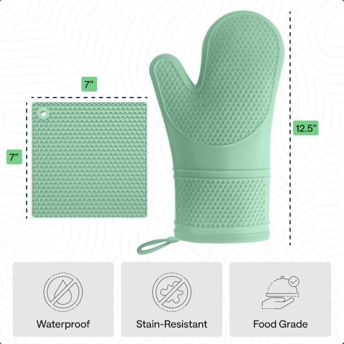 BPA Free Silicone Oven Mitts and Pot Holders Set (Mint / 12.5" Oven Mitts + 7" Trivets)