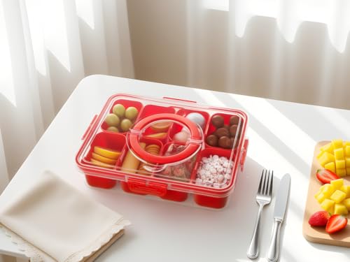 Divided Serving Tray with Lid and Handle (Red-1 Pack)