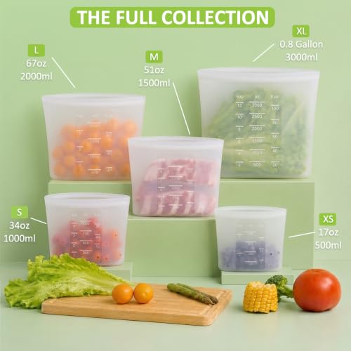 100% Silicone Reusable Storage Bag (Translucent|XL+L+M+S+XS|9 Pack)