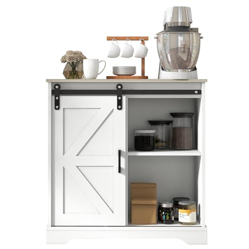 Sliding Barn Door Buffet Sideboard Storage Cabinet Coffee Bar Kitchen Farmhouse Style (White Cabinet Nature Top)