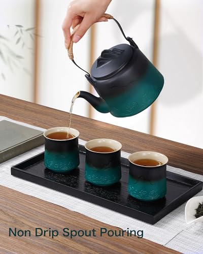 Ceramic Teapot with Infuser (Black/Green / 33.8oz Teapot&4 of 8oz Cups)