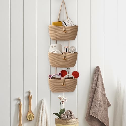 3 Tier Cotton Rope Baskets with Button Strap Over the Door Wall Hanging Baskets for Nursery (Jute / 3 tier+Button)