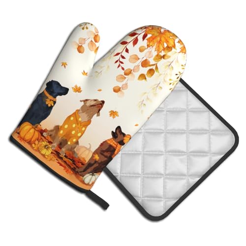 Fall Dogs Oven Mitt Potholders Sets Autumn Leaves Heat Resistant Oven Glove Set of 2 Holiday Kitchen Hot Pads for Cooking Baking Grilling (Fall Dogs)