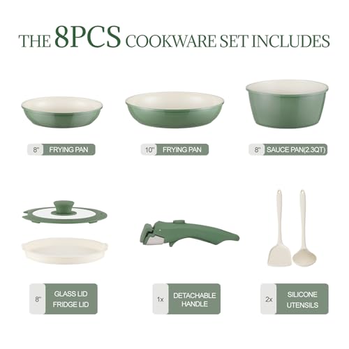 Ceramic Cookware Set Non Stick 8Pcs Pots and Pans Set Detachable Handle Induction Kitchen Cooking Set with Frying Pans Oven Dishwasher Safe (Forest)