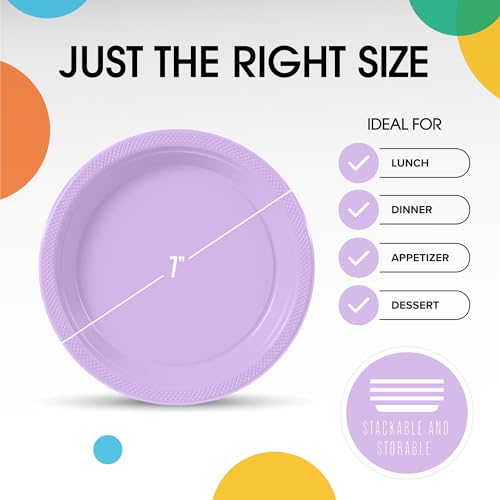 Lavender Plastic Plates for Party 7 Orange Disposable Plates for Party Supplies 100 Pcs Plastic Dinnerware Sets Heavy Duty 350 GSM Disposable Dinnerware Set (7 inch / Lavender)