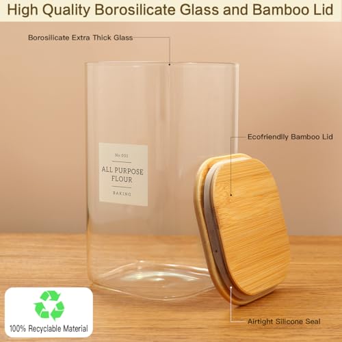 Large glass flour and sugar containers with 132 Kitchen Pantry Labels (138OZ)