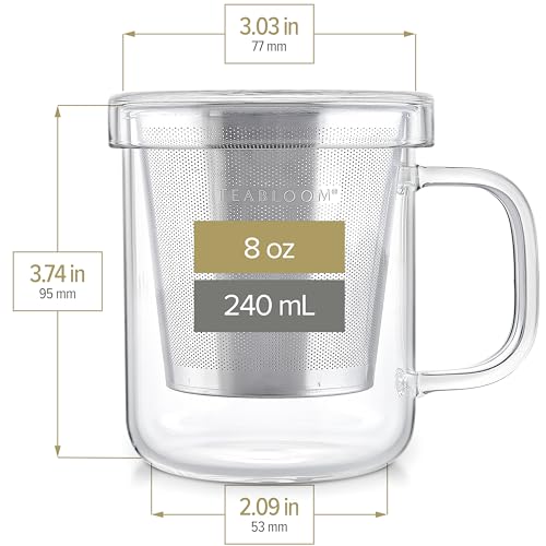 Premium Borosilicate Glass Mug with Stainless Steel Loose Leaf Tea Infuser and Lid (8 fl oz)