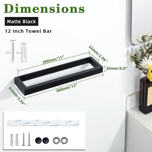 12 Inch Hand Towel Holder Black Towel Bar for Bathroom Wall Mounted (Black / 12-Inch)