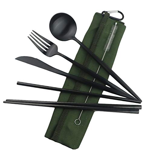 Reusable Travel Utensils (Green Pouch / Black)