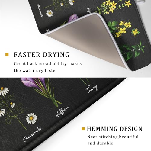Black Flower Herbs Dish Drying Mat 18x24 Inch Botanical Floral Microfiber Drying Mats with Hanging Loop Foldable Absorbent Dish Drainer Rack Pad (Black Flower Herbs / 18" x 24")