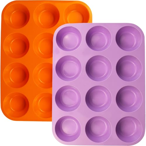 12 Cups Silicone Mini Muffin Pan Set (Set of 2--12 Cups (Orange+Purple))