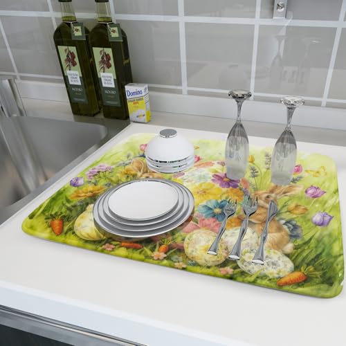Easter Egg Dish Drying Mat 18x24 Inch Bunny Floral Green Drying Pad for Kitchen Counter Washable (Spring Bunny Green / 24" x 18")