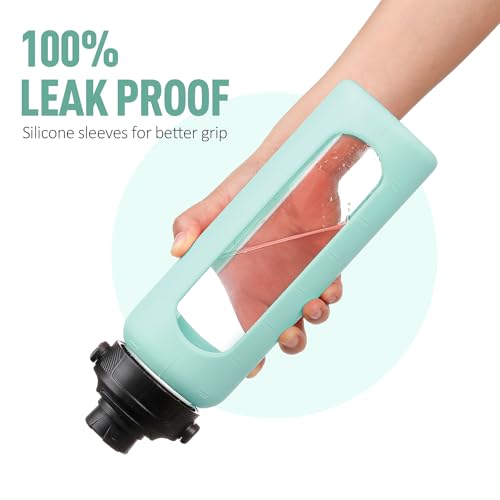 24oz Glass Water Bottle with Straw and 2 Lids (Mint Green / 24 Ounces)