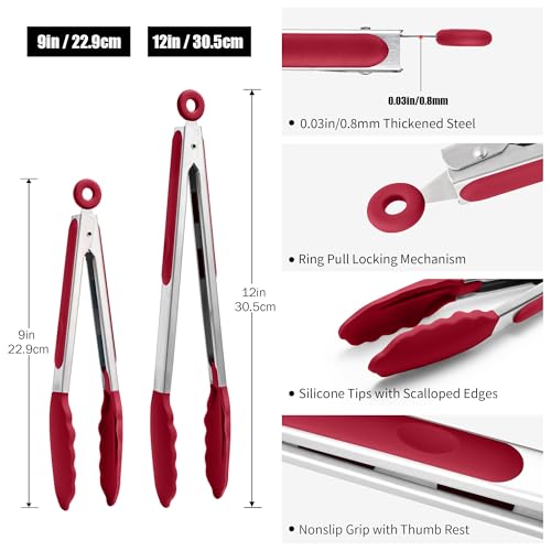 Kitchen Tongs with Silicone Tips for Cooking Serving (Set of 2 (9+12in) / Red)