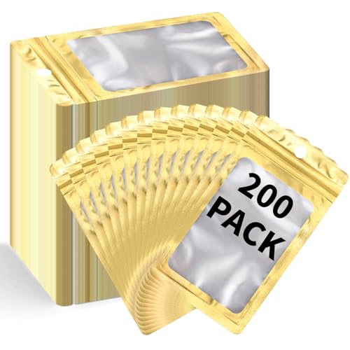 200 Pack Resealable Mylar Holographic Bags Food Storage Smell Proof Bags with Front Window Foil Packaging Pouch for Candy Sample Jewelry Small Business 3.54×6.29 Inch (200 Count)