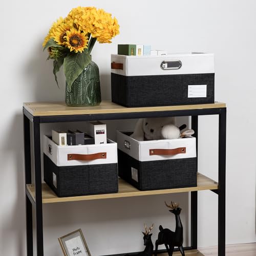 Larger Foldable Storage Bins with Handles [5 (Black & Cream / Jumbo(5-Pack))