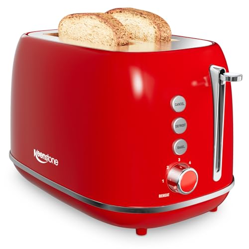 2 Slice Stainless Steel Toaster Retro with 6 Bread Shade Settings (2 Slice / Red)