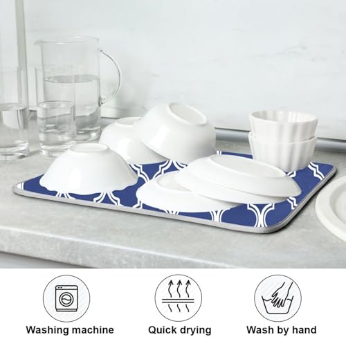 Navy Blue Trellis Lattice Dish Drying Mat for Kitchen Counter Absorbent Microfiber Drying Pad (18" x 24")