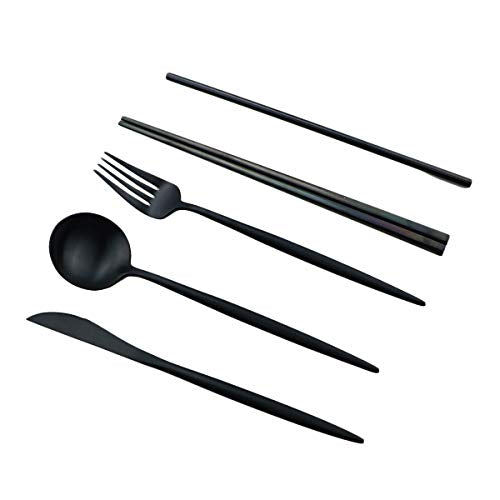 Reusable Travel Utensils (Khaki Pouch / Black)
